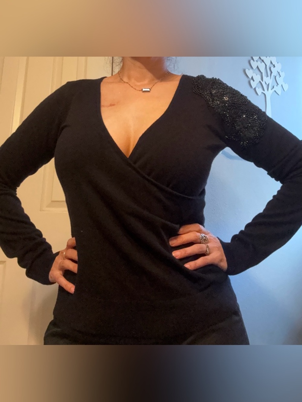 Attention Black Faux Wrap Sweater Embellished Sequin Beading